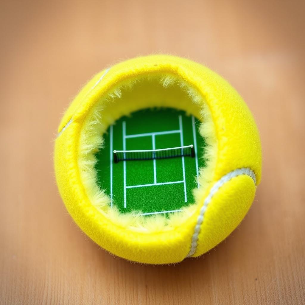 A vibrant yellow tennis ball, split open to reveal a detailed and realistic miniature tennis court inside