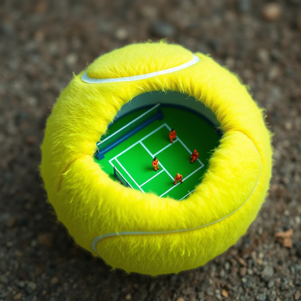 A vivid and imaginative depiction of a yellow tennis ball that is split open, revealing a detailed miniature tennis court inside