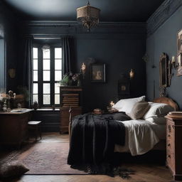 Design a dark academia style bedroom with a witchy vibe. Include fewer books but retain the gothic, vintage charm with antique furniture and magical elements.