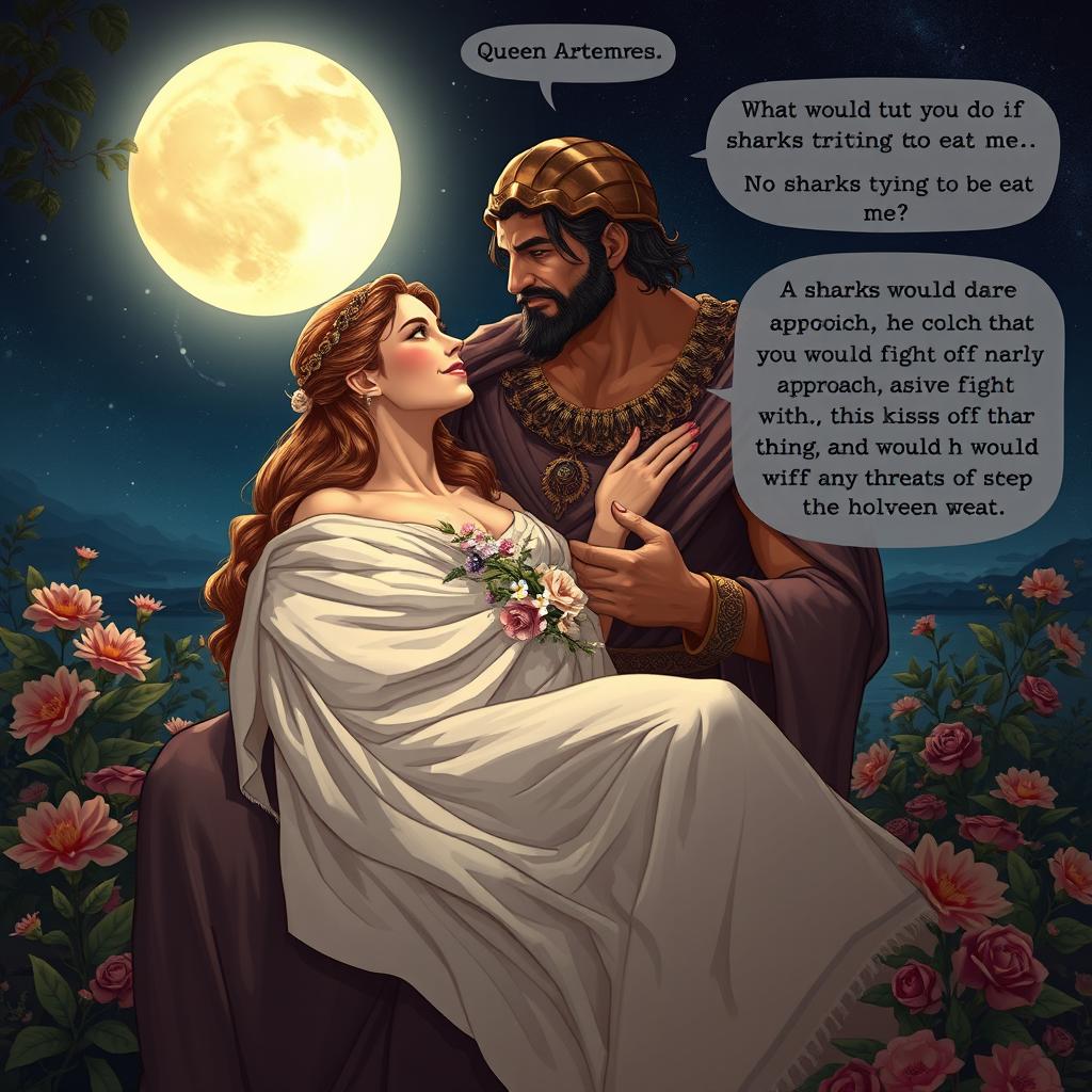 A romantic and intimate scene depicting the legendary King Xerxes tenderly holding Queen Artemis on his lap at night