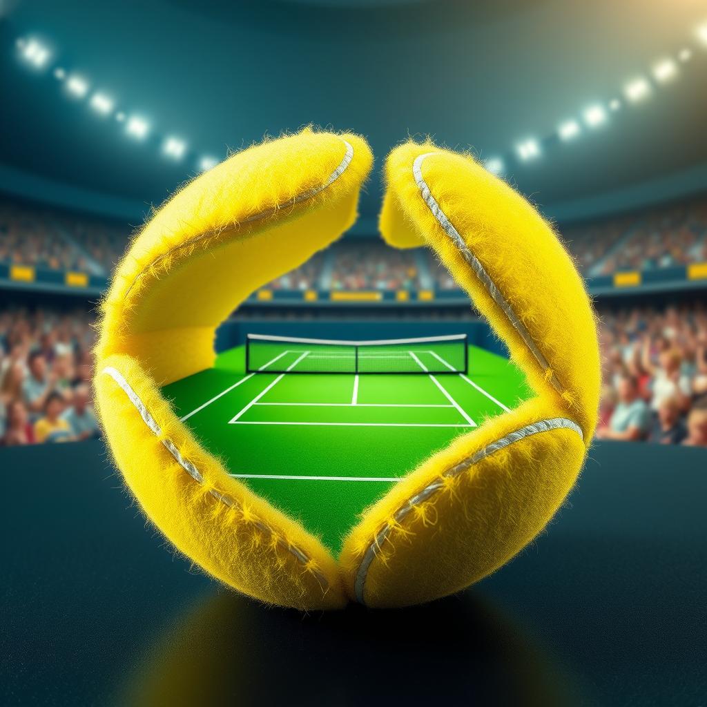 A creative depiction of a yellow tennis ball that is split open, revealing a perfectly detailed tennis court inside