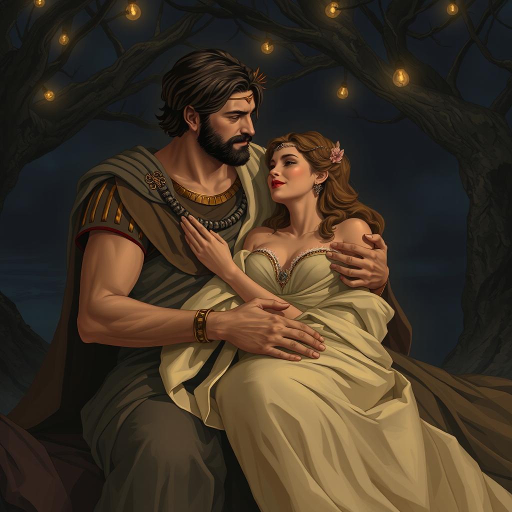 In a serene and intimate night scene, King Xerxes gently places the goddess Artemis on his lap, delicately pushing aside her soft shawl to reveal her blooming figure