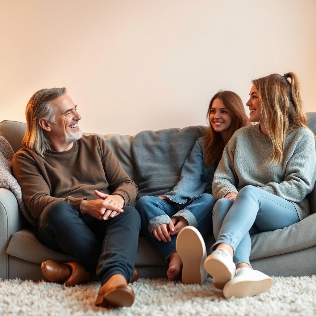 A warm and cozy living room scene featuring a father at the age of 40, with a friendly and caring expression, sitting on a comfortable couch
