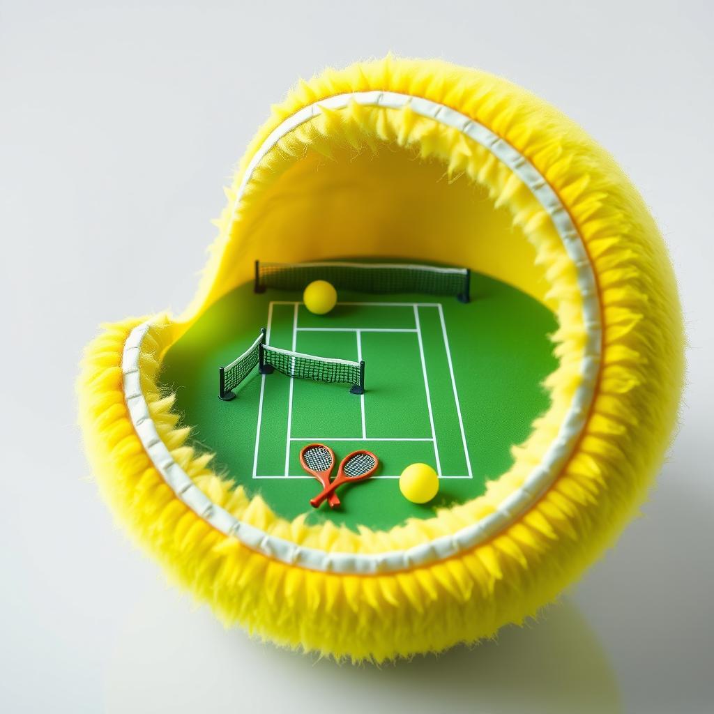 A vibrant yellow tennis ball split open to reveal a detailed tennis court inside
