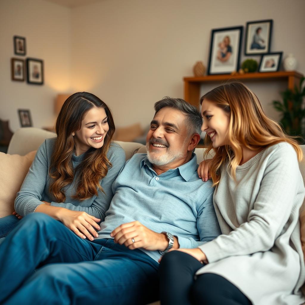 A heartwarming living room scene depicting a father aged 40, displaying a caring and joyful demeanor while sitting on a cozy couch