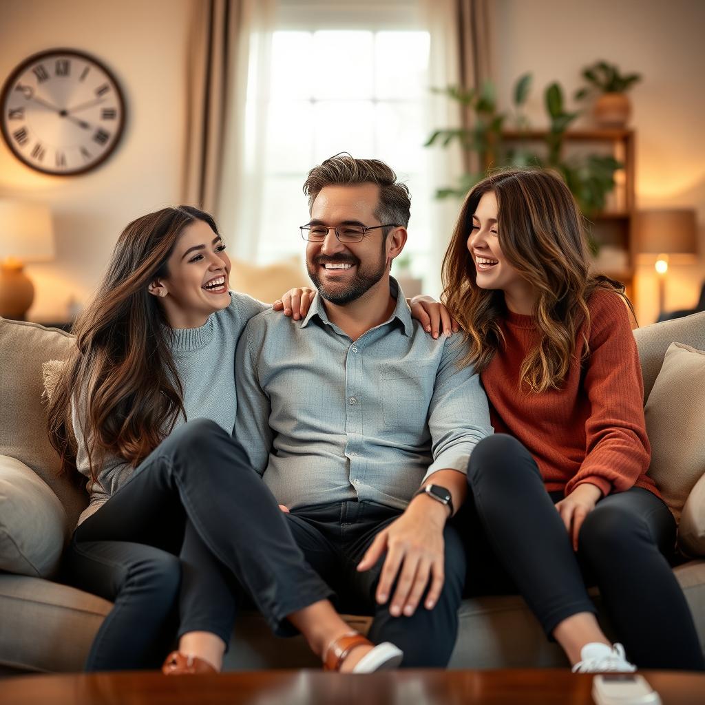 A charming living room scene featuring a handsome father at the age of 40, with a warm smile and a charismatic presence, sitting on a stylish couch