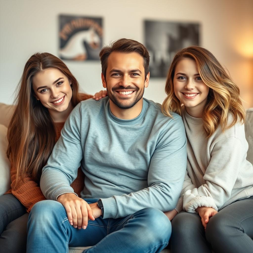A lively living room scene featuring a handsome father at the age of 40, exuding charm and warmth, sitting on a stylish couch
