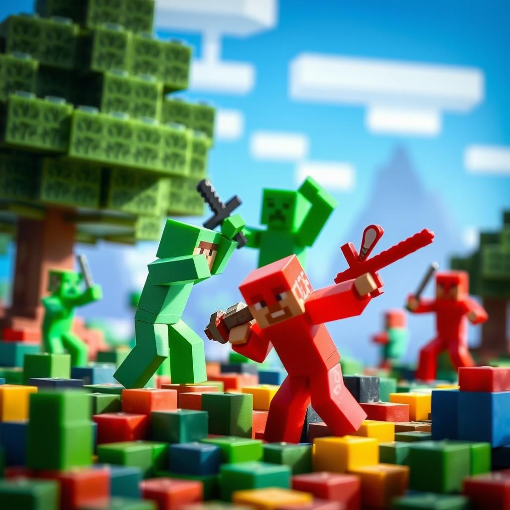 A thrilling scene depicting a battle between green and red toy figurines within the pixelated world of Minecraft