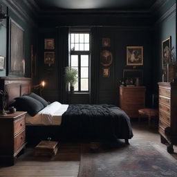 Design a dark academia style bedroom with a witchy vibe. Include fewer books but retain the gothic, vintage charm with antique furniture and magical elements.