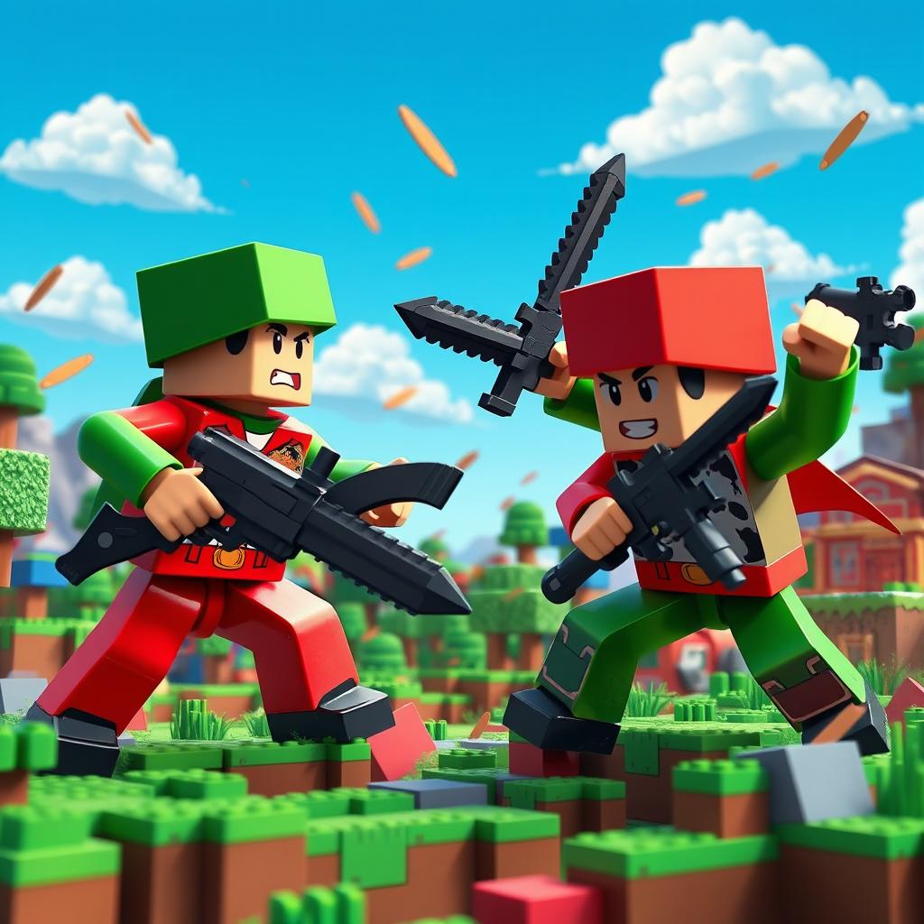 A dynamic scene depicting a toy soldier battle inspired by the green and red toy soldiers from Toy Story, set in a Minecraft world