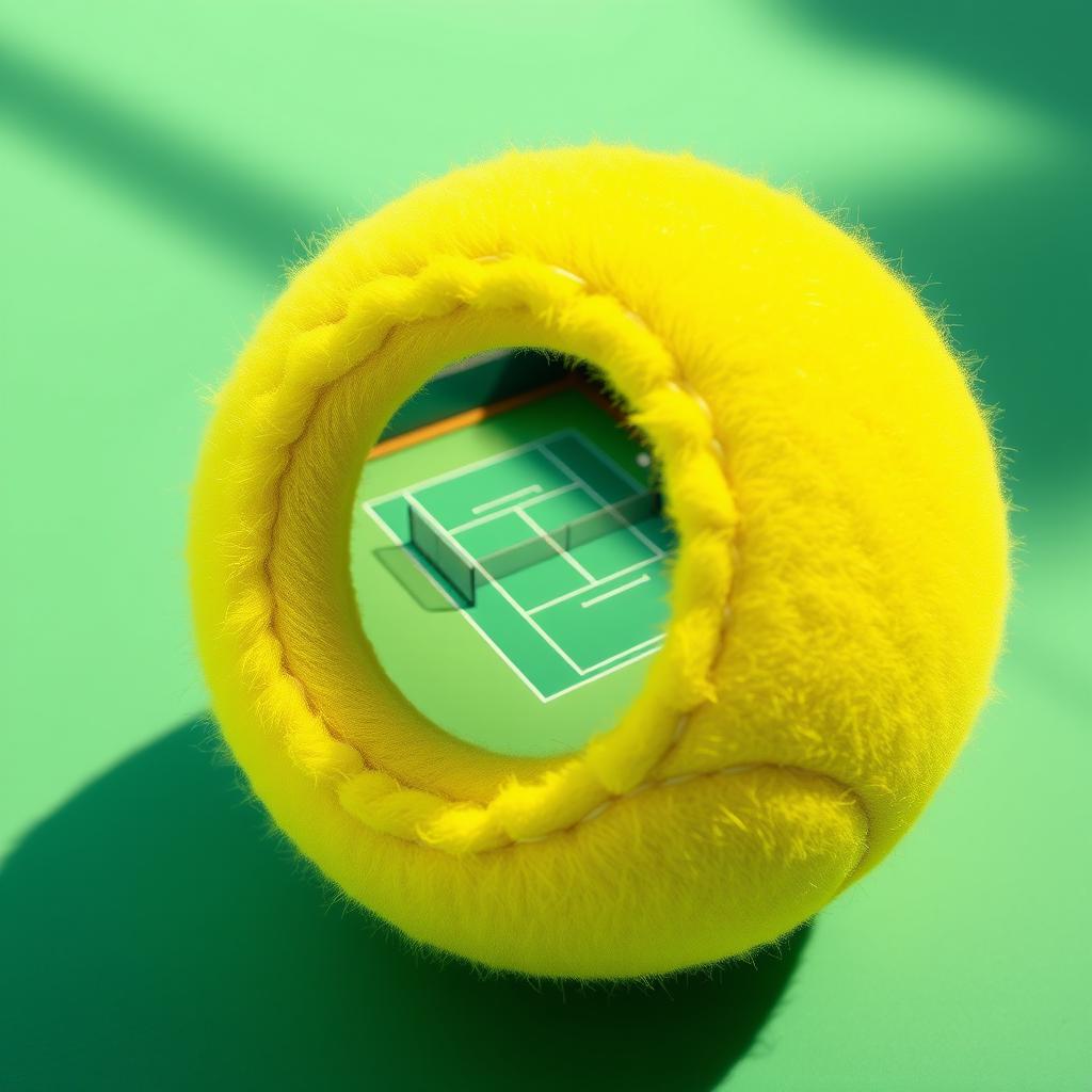A yellow tennis ball with a small piece cut out, revealing a vivid and detailed tennis court inside