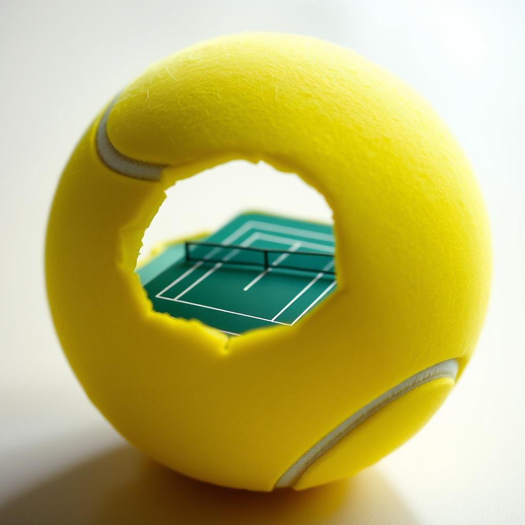 A bright yellow tennis ball with a small piece cut out, revealing a detailed miniature tennis court inside