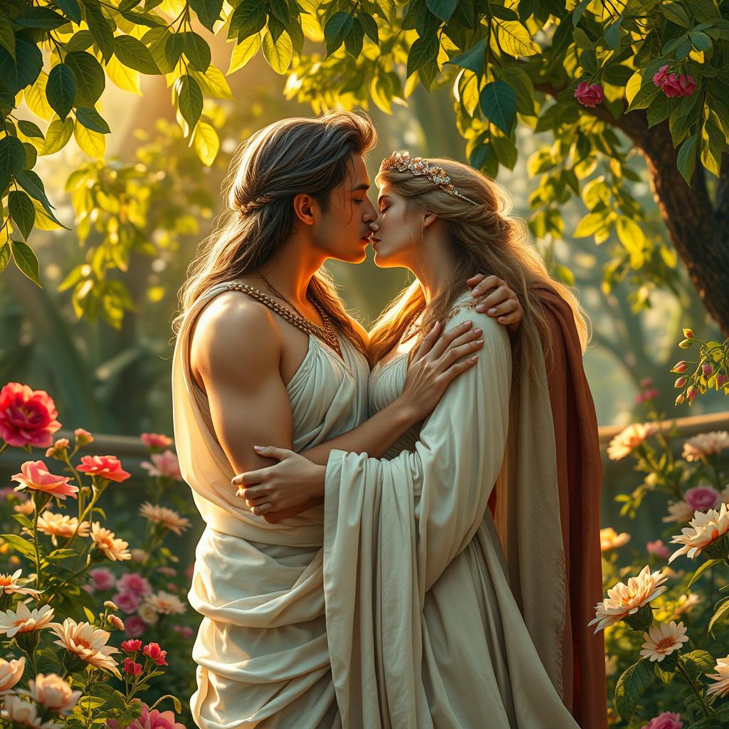 A romantic scene depicting Xerxes (Khshayārshā) and Artemis in a passionate embrace