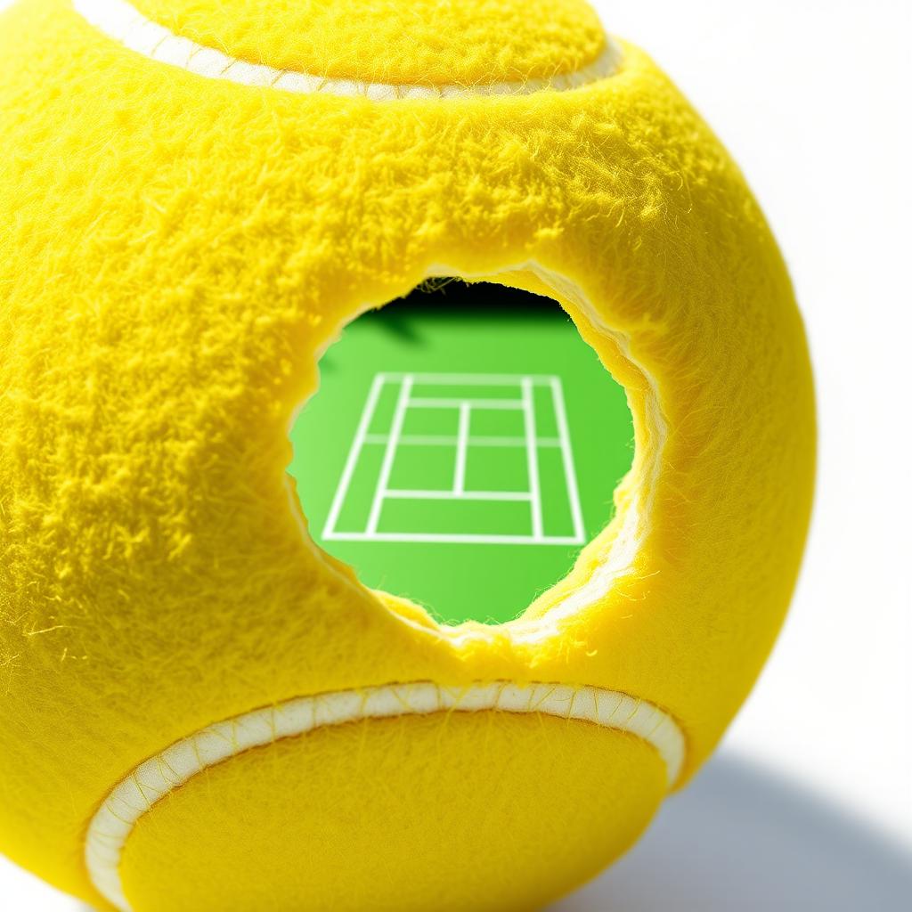 A yellow tennis ball with a small piece cut out of it, showcasing a detailed view of a tennis court inside the ball