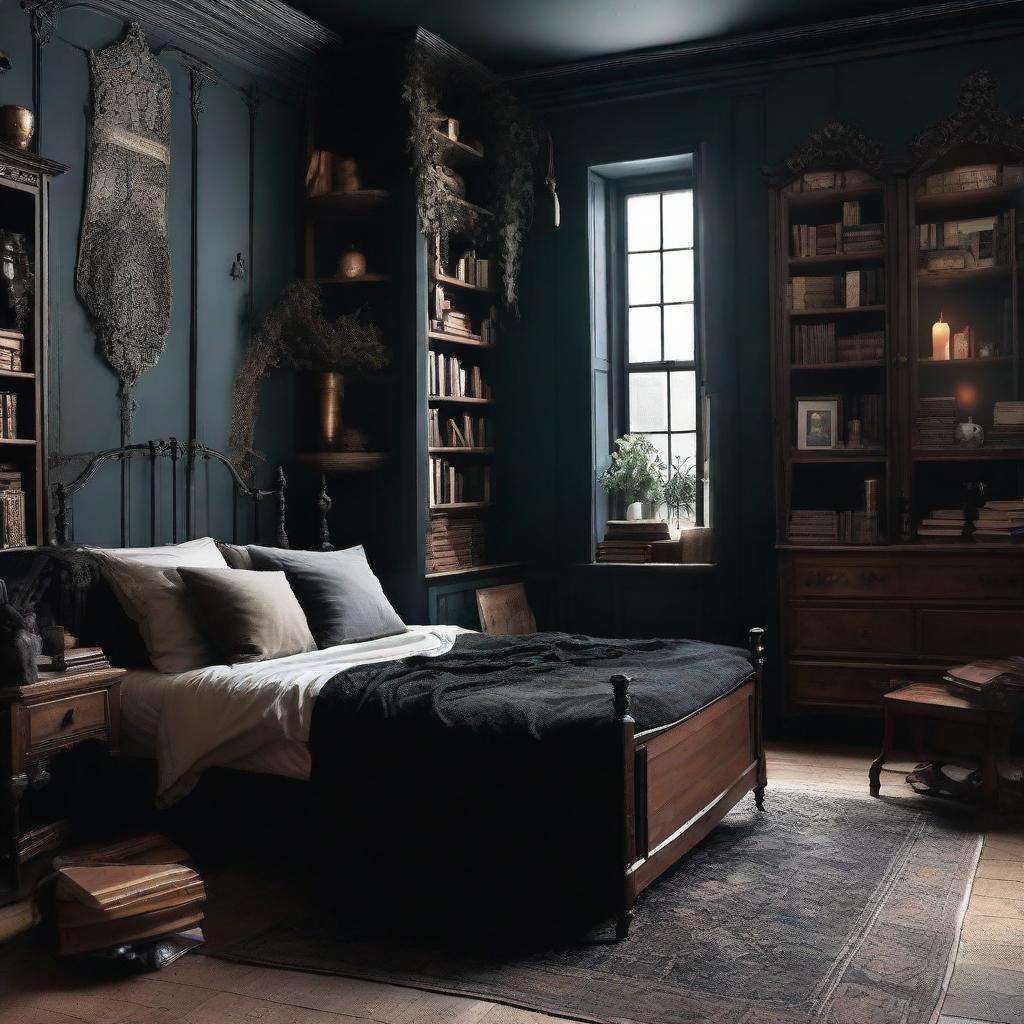 Design a dark academia style bedroom with a witchy vibe. Include fewer books but retain the gothic, vintage charm with antique furniture and magical elements.