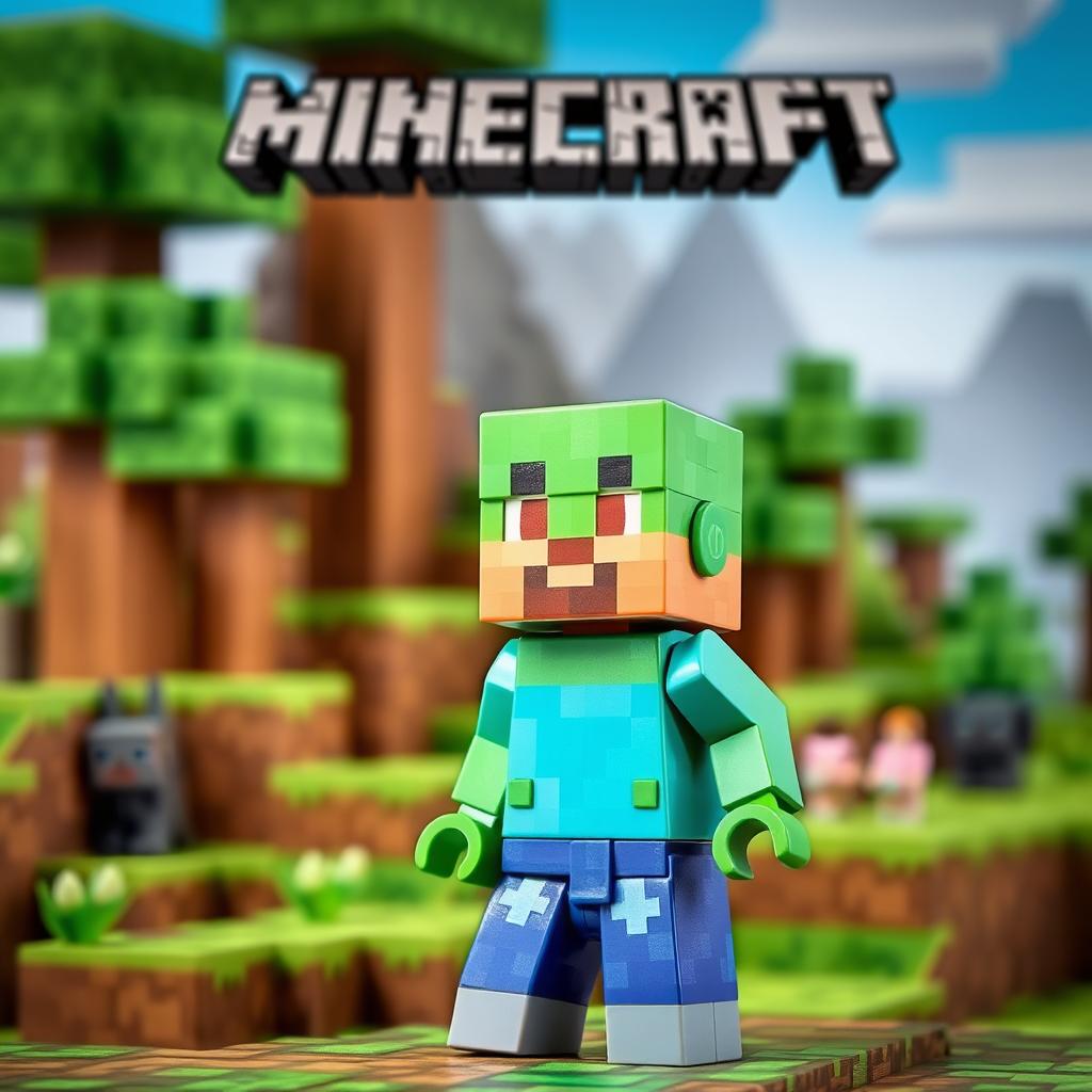A green and blue toy figurine character set against a vibrant Minecraft world background, featuring blocky trees, grass, and a pixelated sky