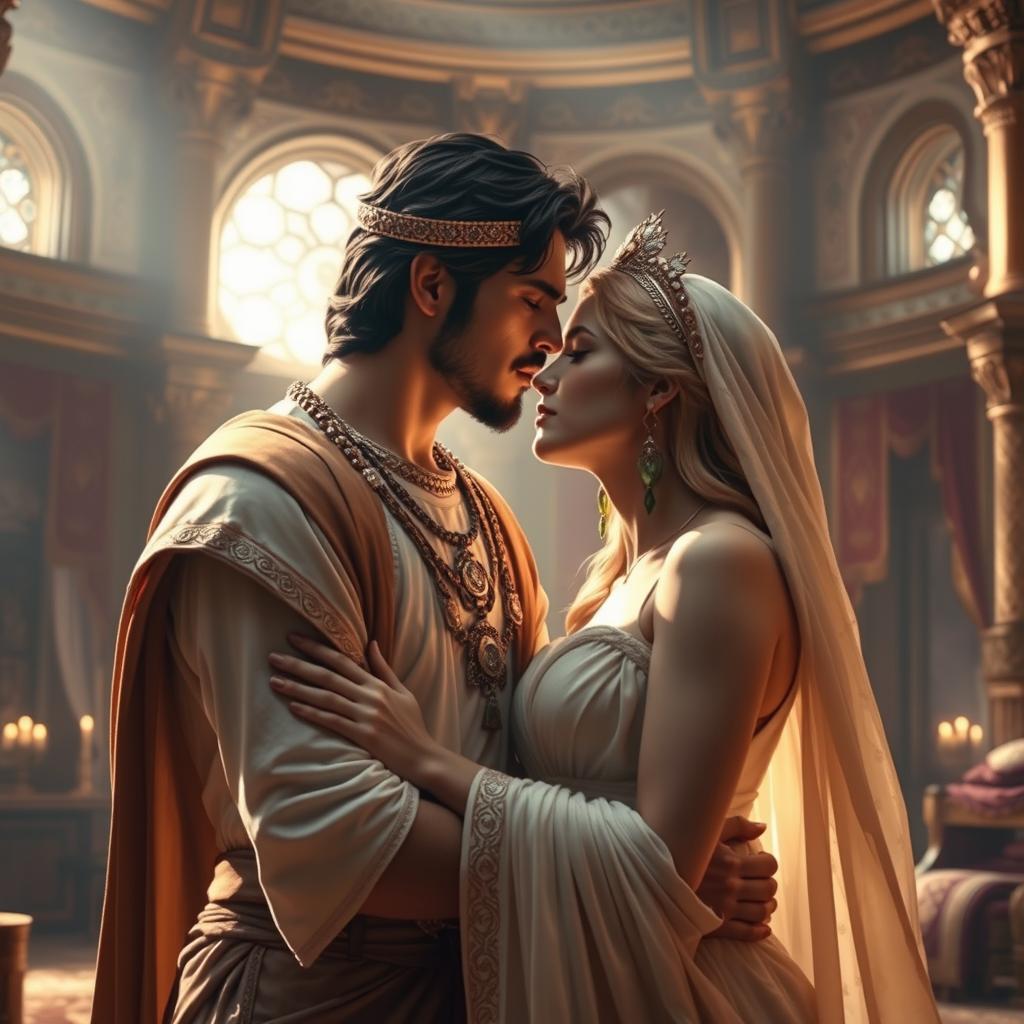 A romantic scene depicting Khashayar Shah (Xerxes) and Artemis in an intimate moment, where Khashayar Shah is gently kissing the lips of Artemis