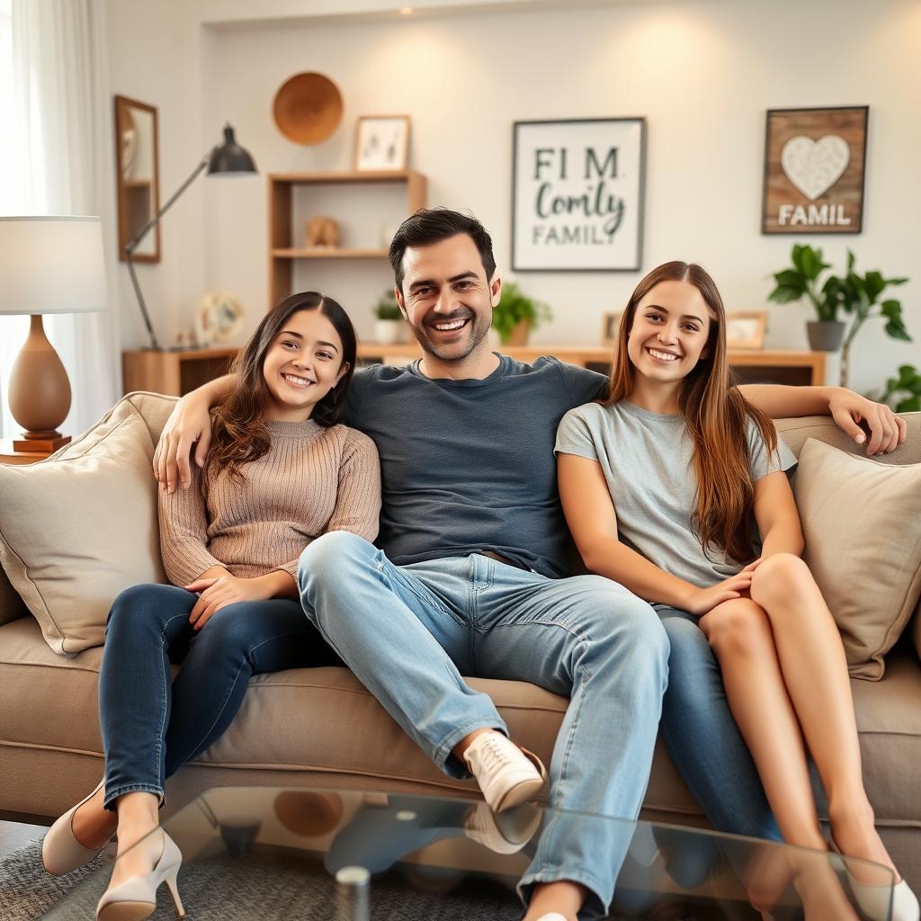 A fit and perfect-bodied father sitting comfortably on a stylish couch, exuding confidence and warmth