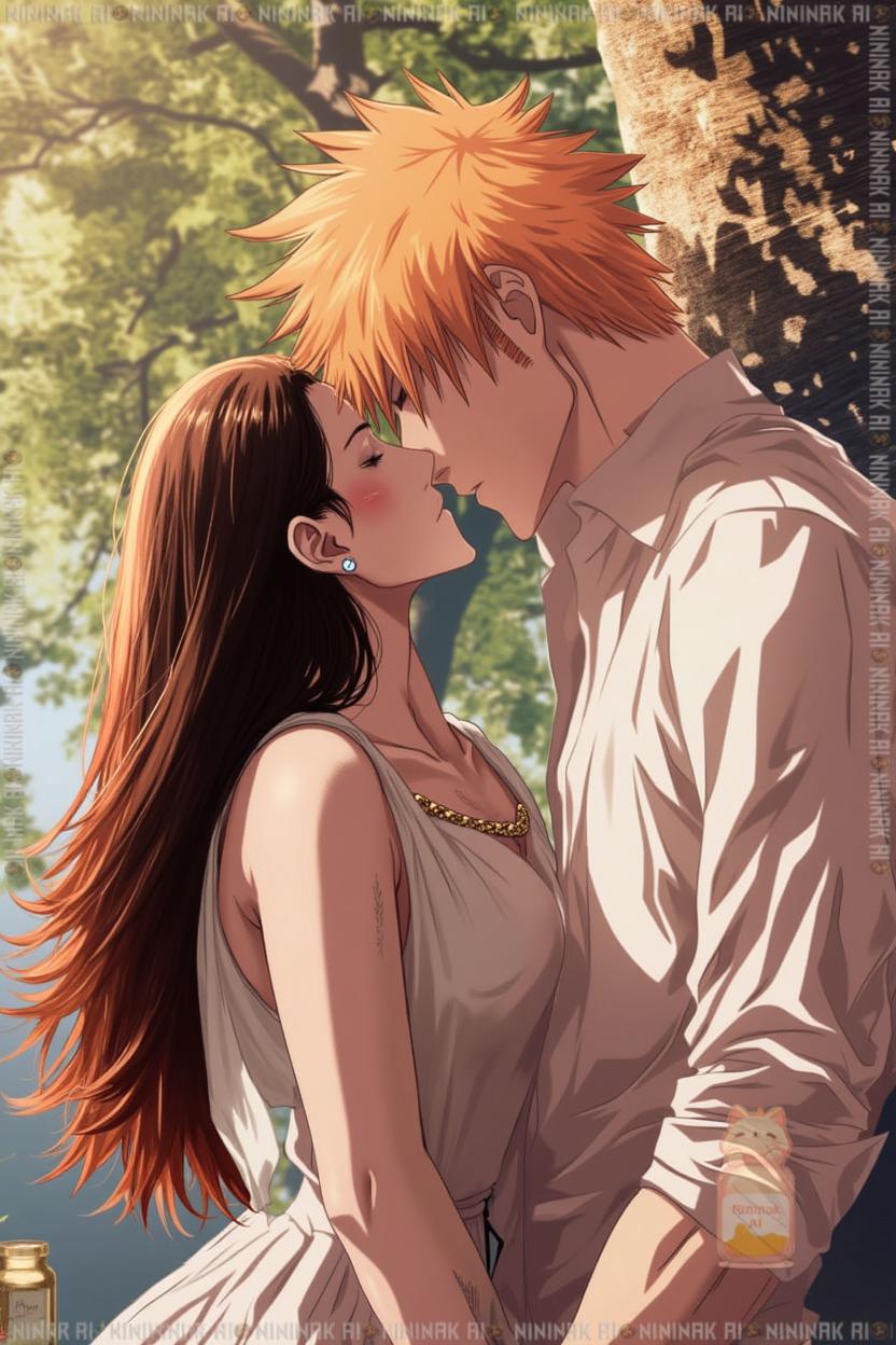 A romantic scene featuring a couple in a serene outdoor setting