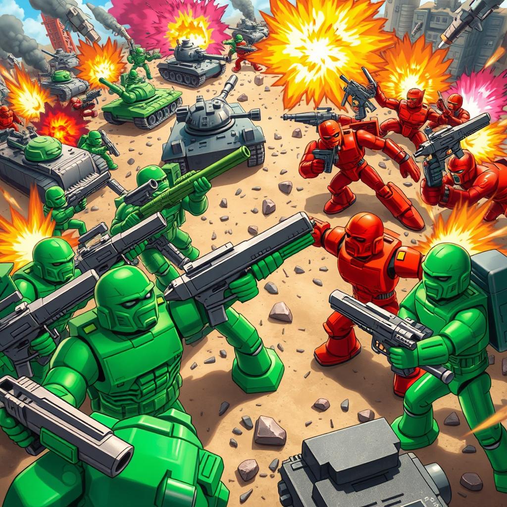 A vivid illustration of a battle scene between green and red toy figures, featuring intricate details of each toy, such as their expressions and weapons
