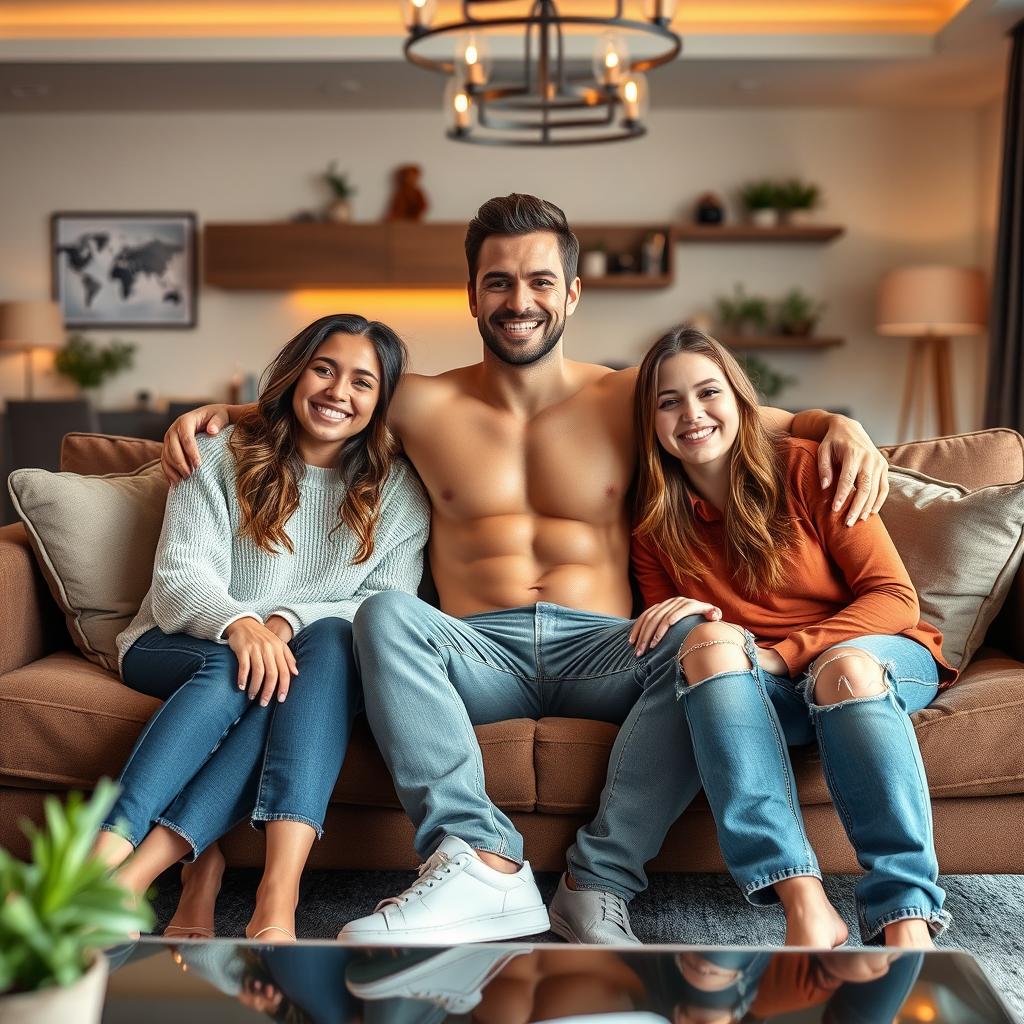 A perfectly fit father, showcasing an athletic physique, sitting on a stylish and cozy couch with his two 20-year-old daughters