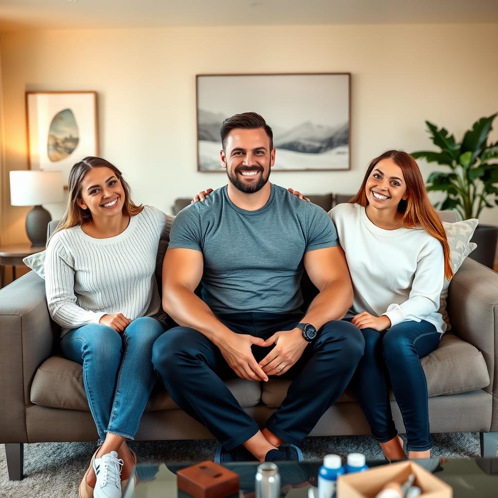 A perfectly sculpted father with an athletic build, sitting comfortably on a stylish couch, flanked by his two 20-year-old daughters