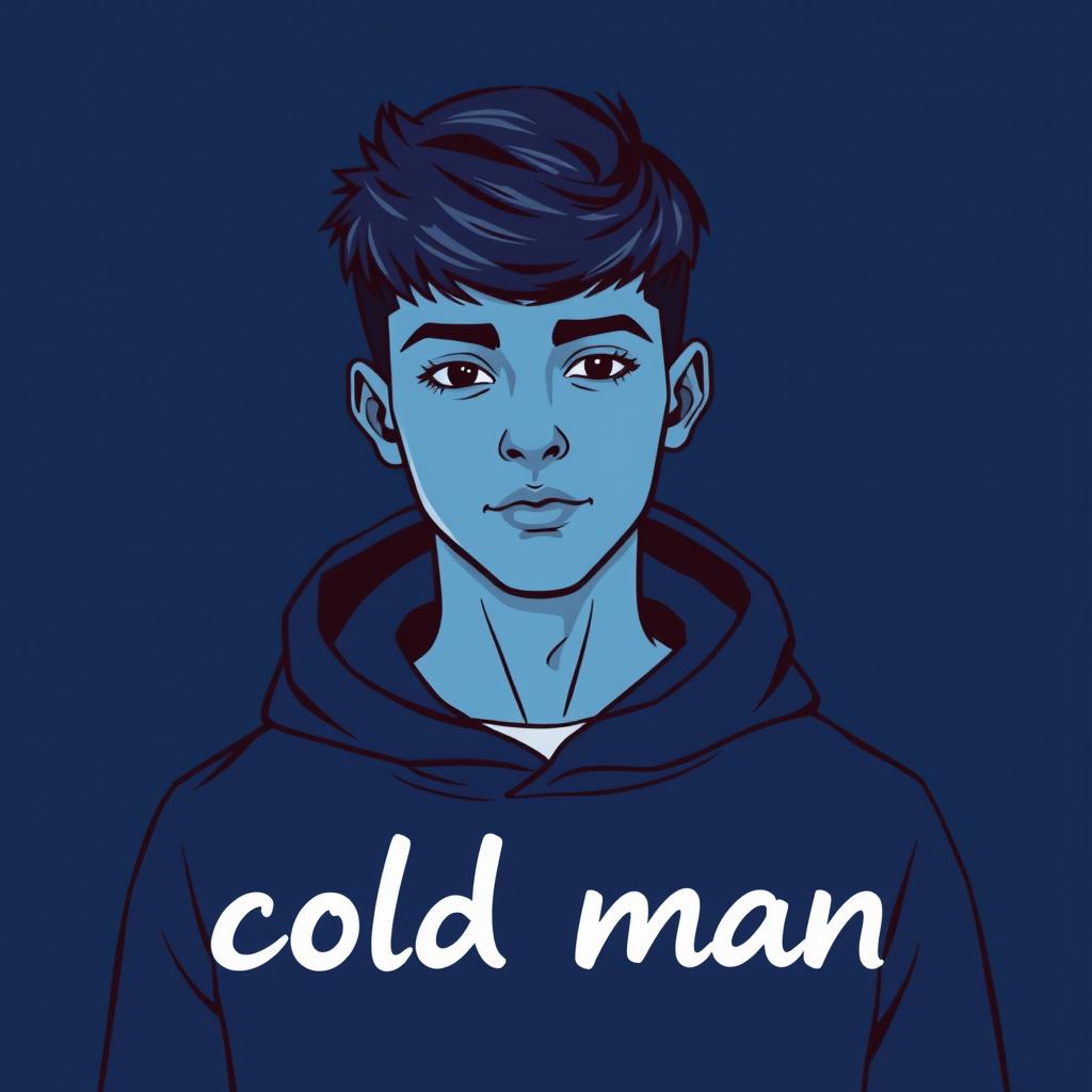 A teenage boy wearing a dark blue hoodie, with short hair styled in a modern way, matching the dark blue color of the hoodie