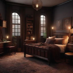 Design a warm and witchy dark academia bedroom. Lessen the book elements, and incorporate antique furniture, magical elements, and warm-toned colours and lighting to create a cozy ambiance.
