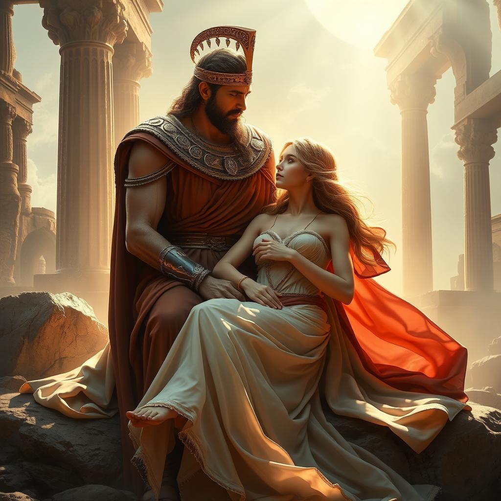 A scene depicting a majestic and intimate moment between Xerxes and Artemis, surrounded by an ethereal and dreamlike atmosphere