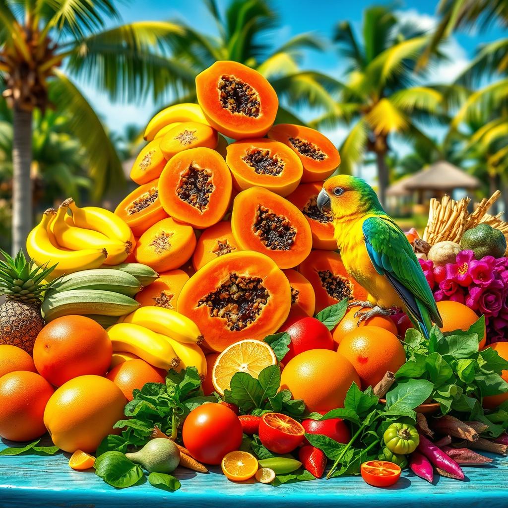 A vibrant, colorful array of delicious foods, prominently featuring a pile of juicy papayas brought by Polly the parrot