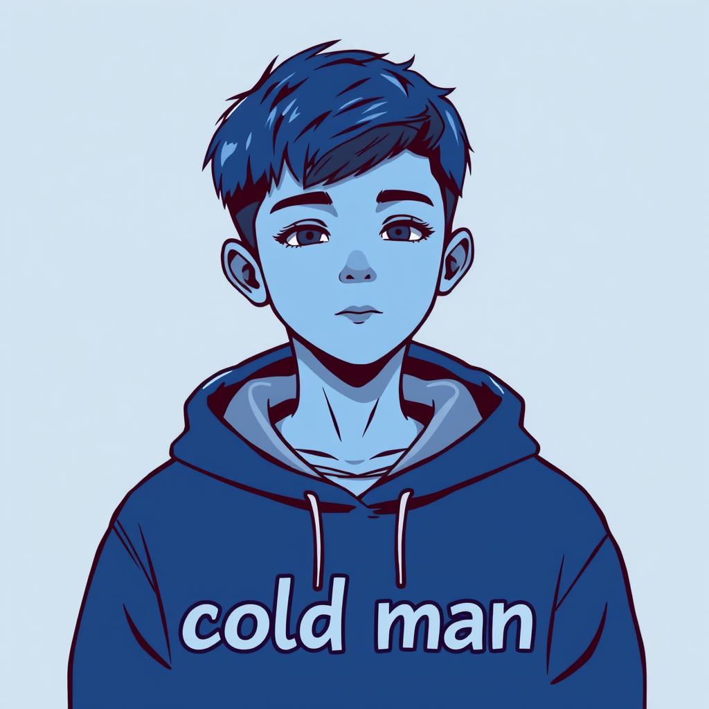 A boy wearing a dark blue hoodie, with short styled hair that matches the color of the hoodie