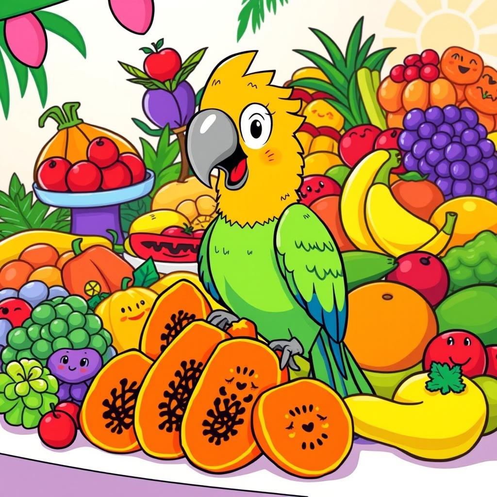 A vibrant cartoon illustration depicting a colorful array of food, featuring a pile of ripe, juicy papayas presented by Polly the parrot