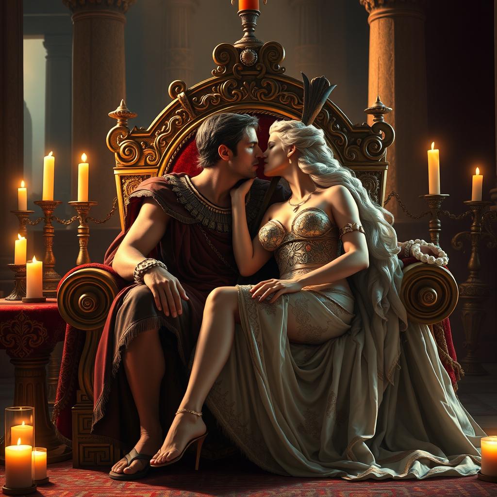 A romantic scene set in a mythical ancient Persian context, featuring a strikingly handsome King Xerxes sitting regally on a lavish throne