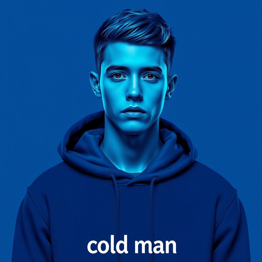 A young man wearing a deep blue hoodie, with short, styled hair that matches the hoodie color