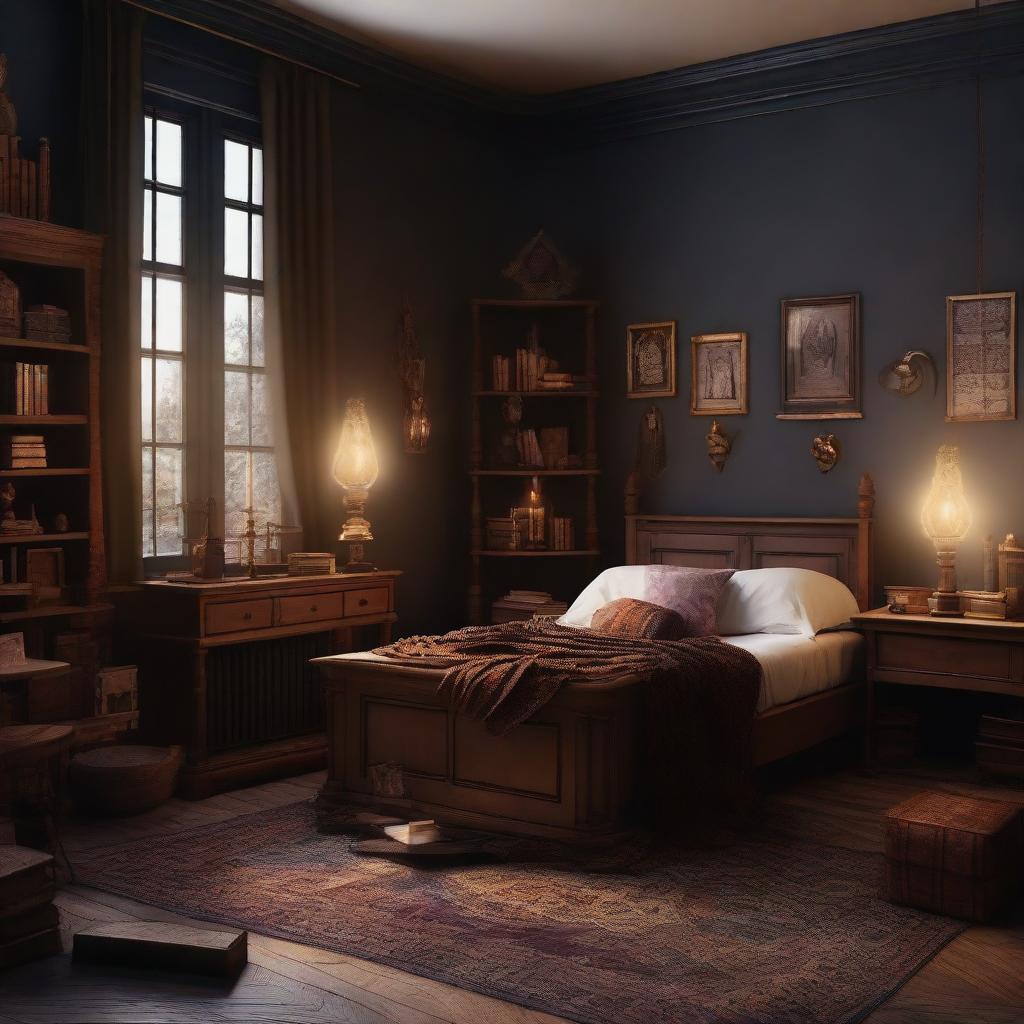 Design a warm and witchy dark academia bedroom. Lessen the book elements, and incorporate antique furniture, magical elements, and warm-toned colours and lighting to create a cozy ambiance.