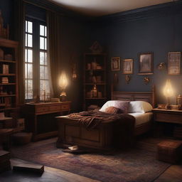 Design a warm and witchy dark academia bedroom. Lessen the book elements, and incorporate antique furniture, magical elements, and warm-toned colours and lighting to create a cozy ambiance.