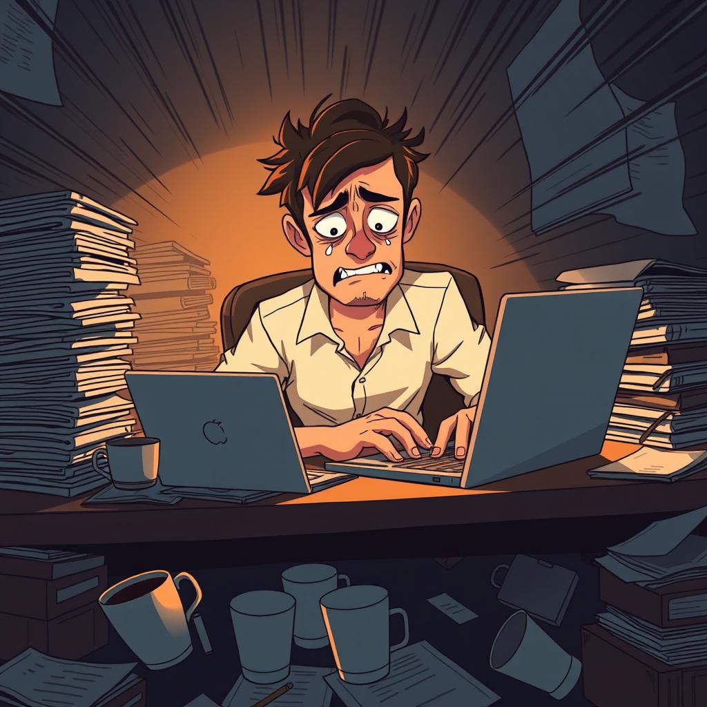 An animated illustration depicting a man overwhelmed by hard work