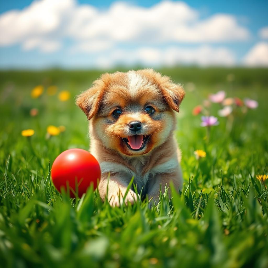 A playful and charming scene featuring a fluffy, adorable puppy playing with a bright red ball in a vibrant green grassy field under a clear blue sky