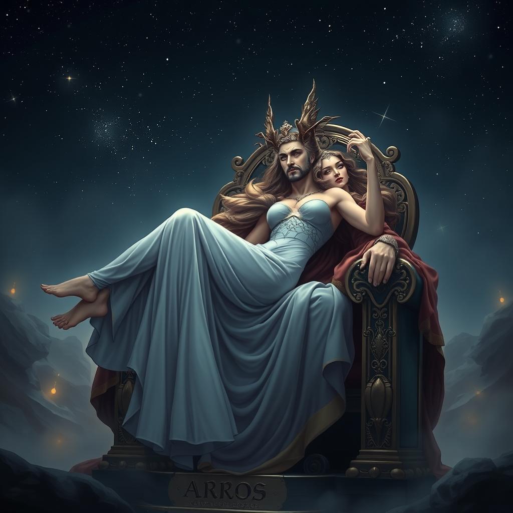 In a mystical setting under a starry night sky, King Xerxes is depicted in a regal and powerful pose, seated on an ornate throne