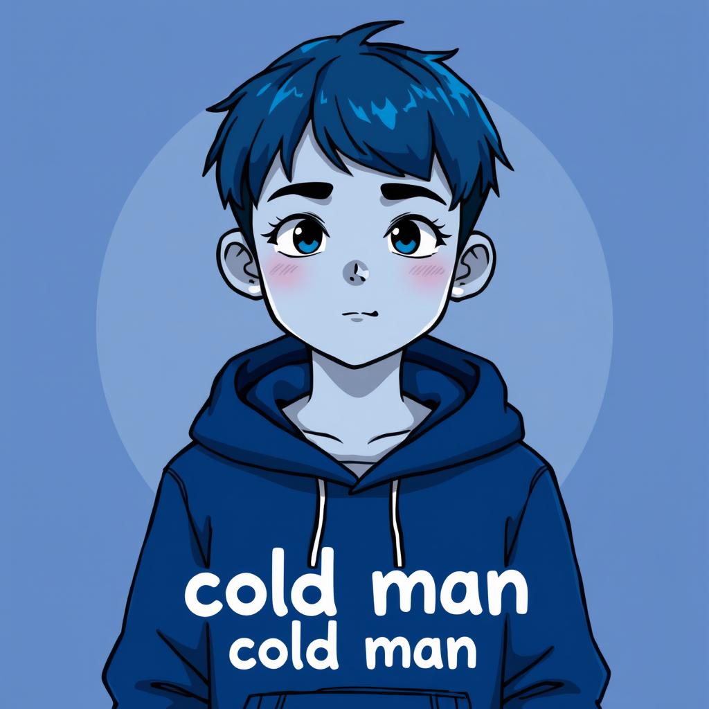 An illustration of an animated boy wearing a deep blue hoodie