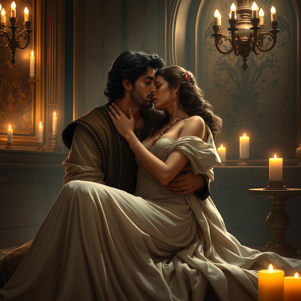A romantic and intimate scene depicting Khashayar Shah gently kissing Artemis, who is seated gracefully on his lap, as they engage in a passionate embrace