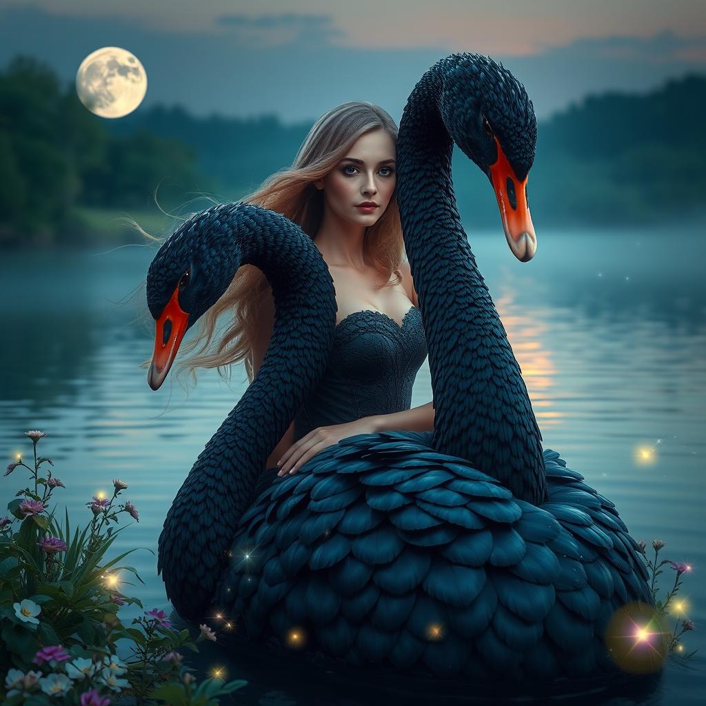 An enchanting and mythical creature that is half woman and half magnificent black swan, embodying elegance and grace