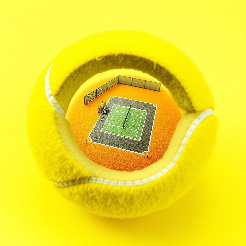 A yellow tennis ball with a section cut out to reveal an intricate tennis court inside