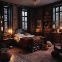 Design a warm and witchy dark academia bedroom. Lessen the book elements, and incorporate antique furniture, magical elements, and warm-toned colours and lighting to create a cozy ambiance.