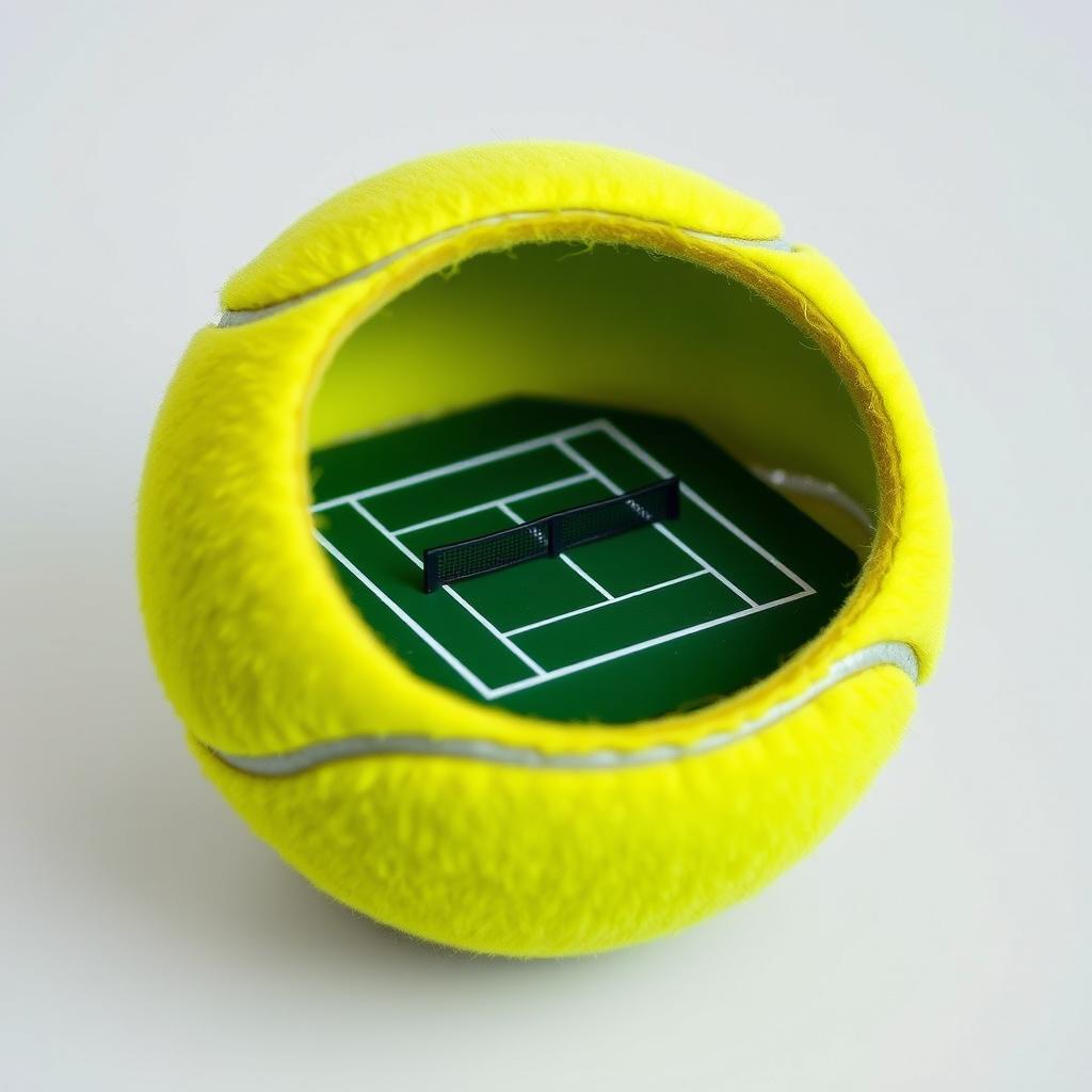 A bright yellow tennis ball with a section cut out, revealing a miniature tennis court inside