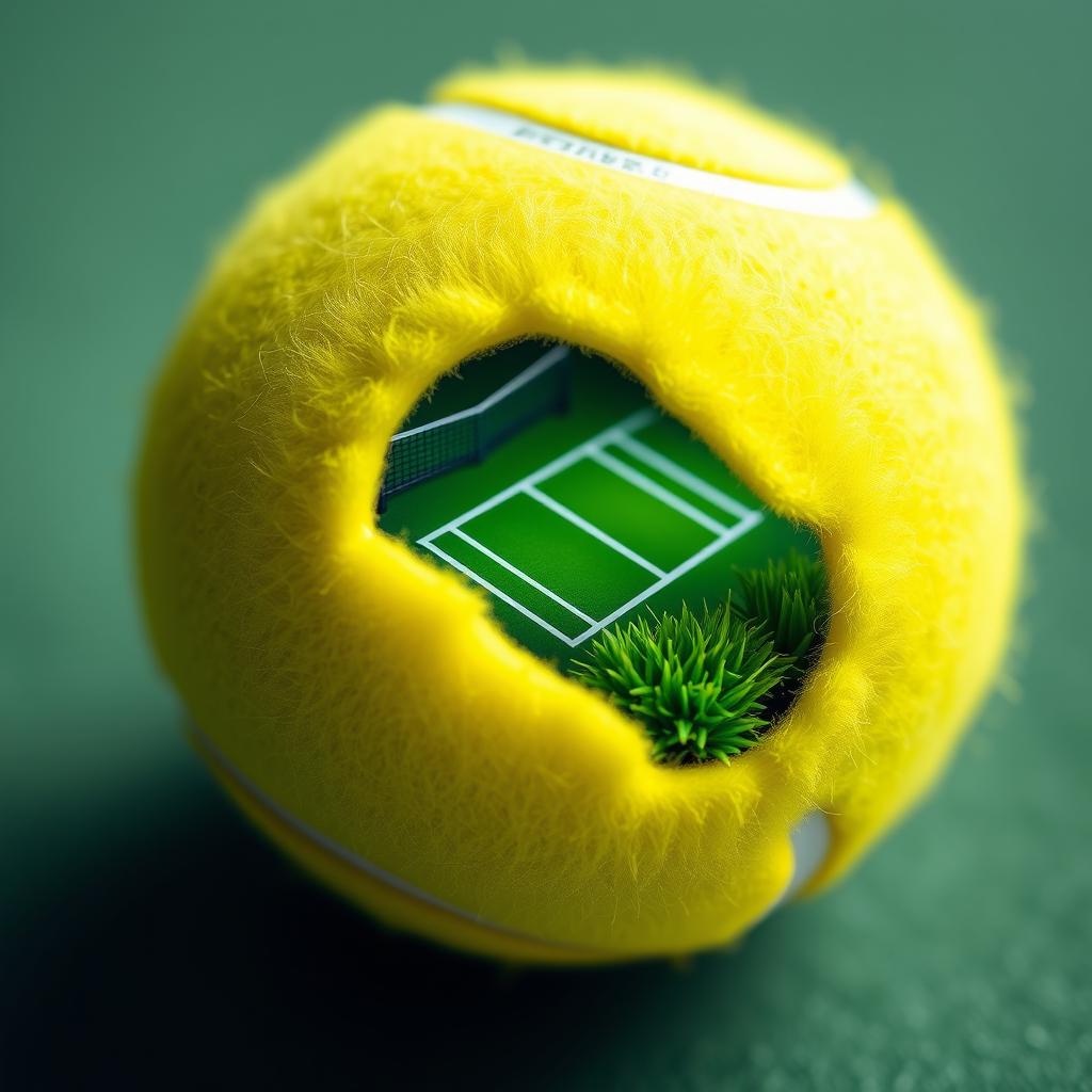 A close-up view of a bright yellow tennis ball with a section cut out, revealing a detailed miniature tennis court inside