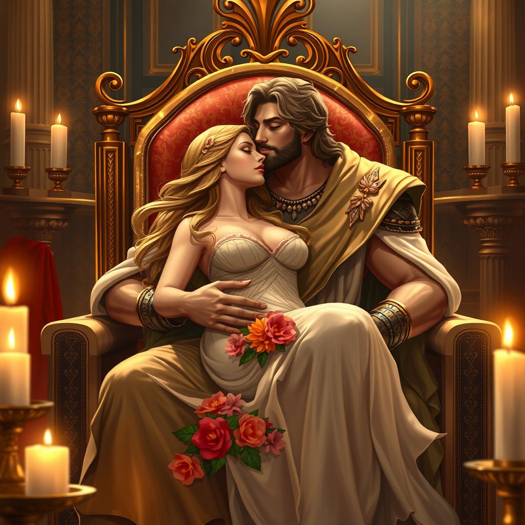 A romantic scene depicting a mythological character reminiscent of a Persian king, clad in regal attire, seated gracefully as he holds a goddess figure resembling Artemis on his lap