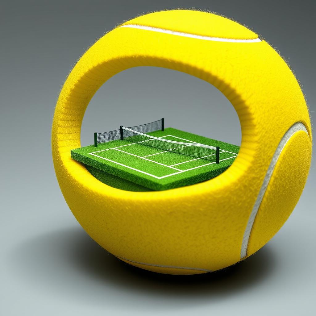 A realistic depiction of a yellow tennis ball with a section cut out, revealing a miniature tennis court inside the ball