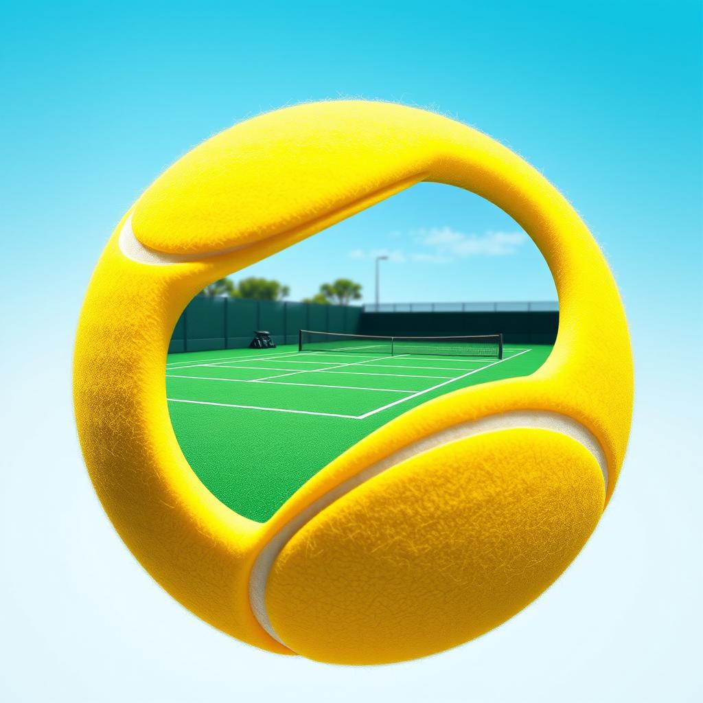 A vibrant yellow tennis ball, featuring a distinctive cut-out section revealing an intricately detailed tennis court within