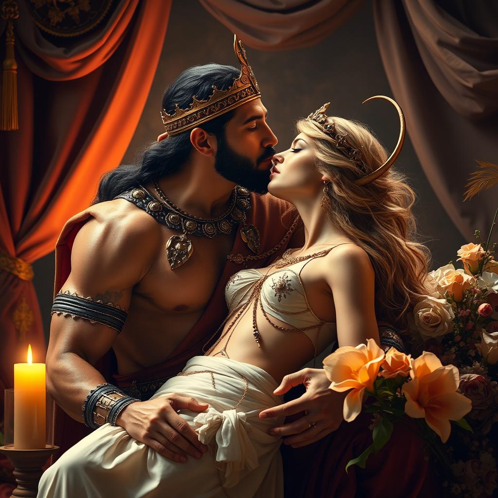 A powerful and romantic scene set in ancient Persia, featuring a muscular Persian king, dressed in elaborate royal attire, passionately kissing a goddess figure representing Artemis, who is ethereal and alluring